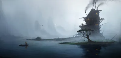 Foggy Island Lonely Tree Dark Nature Wallpaper 4K 3000x1444 A, Foggy, Island, Scene, Featuring, Lonely, Tree, Dark, Lake, Mysterious, House, Emitting, Gray, White, Ultrawide, QHD