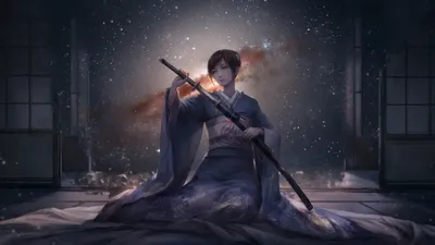 Depicting Asian Woman Warrior Space Wallpaper 4K 4372x2459 Hd, Wallpaper, Depicting, An, Asian, Woman, Warrior, In, Stunning, Kimono, Holding, Sword, Gray, Ultrawide, 4k