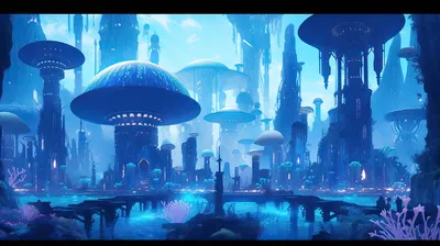 Fantasy Cityscape Towering Mushroom World Wallpaper 4K 8736x4896 Fantasy, Cityscape, With, Towering, Mushroom-shaped, Structures, Under, A, Bright, Blue, Sky, Depicted, White, Ultrawide, 4k