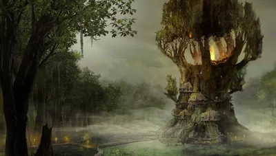 Crisp Mystical Wallpaper Fantasy Wallpaper 4K 3000x1700 A, Mystical, Fantasy, City, With, Towering, Illuminated, Tree, Structures, Shrouded, Mist, Surrounded, Gray, Ultrawide, QHD