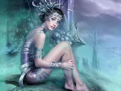 Fantasy Themed Woman Fantasy Wallpaper 4K 1600x1200 A, Fantasy-themed, Hd, Desktop, Wallpaper, Featuring, Woman, Seated, Mystical, Setting, Adorned, Shimmering, Gray, Pink, Landscape