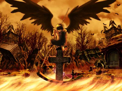 Anime Angel Black Wings Scythe Black/Dark Wallpaper 4K 1920x1440 Hd, Desktop, Wallpaper, Featuring, An, Anime, Angel, With, Black, Wings, Scythe, Standing, Orange, Landscape, Full HD