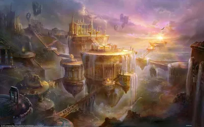 Fantasy Cityscape Grand World Wallpaper 4K 2560x1600 A, Stunning, Fantasy, Cityscape, Features, Grand, Architecture, Cascading, Waterfalls, Set, Against, Vibrant, Gray, Ultrawide, QHD