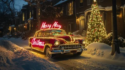 Festive Vintage Car Adorned Bright World Wallpaper 4K 2912x1632 A, Festive, Scene, Featuring, Vintage, Car, Adorned, Bright, Christmas, Lights, Parked, Near, Brown, Orange, Ultrawide, QHD