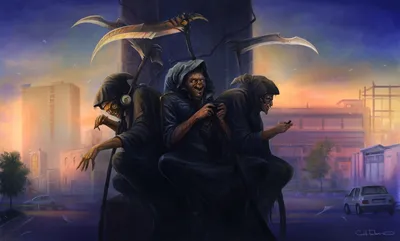Depicting Three Dark Grim Black/Dark Wallpaper 4K 1920x1159 Hd, Pc, Desktop, Wallpaper, Depicting, Three, Dark, Grim, Reaper-like, Demons, Sitting, Back-to-back, Brown, Gray, Ultrawide, Full HD