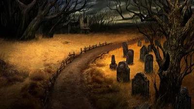 Crisp Dark Wallpaper Nature Wallpaper 4K 1920x1080 Dark, Cemetery, Scene, With, Twisted, Trees, Weathered, Tombstones, Winding, Path, Under, Gloomy, Purple, Brown, Orange, Ultrawide, Full HD