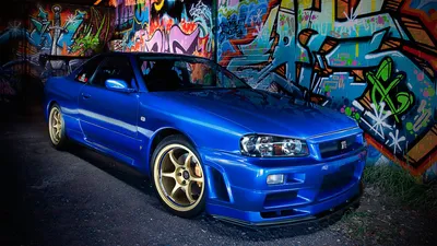 Blue Skyline R34 Front Abstract Wallpaper 4K 1920x1080 Blue, Nissan, Skyline, R34, Parked, In, Front, Of, Colorful, Graffiti, Art, Desktop, Brown, Red, Ultrawide, Full HD