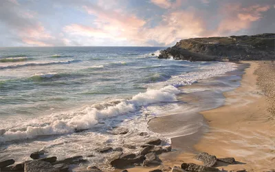 Serene Beach Gentle Waves Nature Wallpaper 4K 1920x1200 A, Serene, Beach, Scene, Featuring, Gentle, Waves, Lapping, Sandy, Coastline, Dramatic, Cliffs, Gray, Ultrawide, Full HD