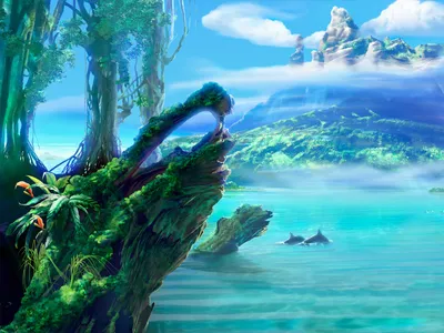 Golden Artistic Wallpaper Nature Wallpaper 4K 1600x1200 Artistic, Hd, Wallpaper, Featuring, A, Fantasy, Ocean, Scene, Dolphins, Swimming, Lush, Green, Yellow, Pink, Landscape
