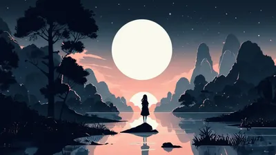 Vivid Minimalist Wallpaper Space Wallpaper 4K 1920x1080 Minimalist, Anime, Illustration, Of, A, Serene, Evening, With, Silhouetted, Figure, Standing, Rock, White, Ultrawide, Full HD