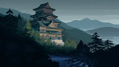 Pixel Art Traditional Japanese Castle Fantasy Wallpaper 4K 2130x1197 Pixel, Art, Of, A, Traditional, Japanese, Castle, Nestled, Among, Lush, Green, Mountains, Gray, Ultrawide, Full HD