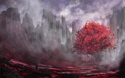 Anime Landscape Vibrant Nature Wallpaper 4K 1920x1200 Hd, Anime, Landscape, Wallpaper, Featuring, A, Vibrant, Red, Tree, Against, Dramatic, Misty, Gray, Ultrawide, Full HD