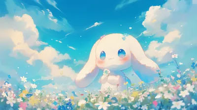 Cute Anime Cinnamoroll Standing Vibrant Nature Wallpaper 4K 2912x1632 A, Cute, Anime, Wallpaper, Featuring, Cinnamoroll, Standing, In, Vibrant, Field, Flowers, Under, White, Pink, Green, Ultrawide, QHD