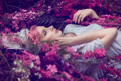 Dress Flower Pink Hair Nature Wallpaper 4K 4815x3210 Dress, Flower, Pink, Hair, Lying, Down, Model, Woman, Artistic, Desktop, Gray, White, Landscape, 4k