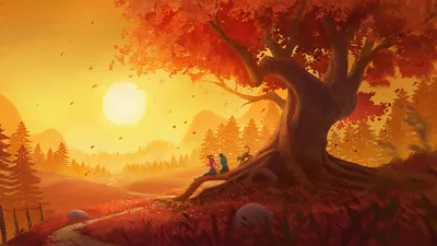Dreamy Romantic Wallpaper Nature Wallpaper 4K 1920x1080 A, Romantic, Fantasy, Scene, Of, Couple, Sitting, Large, Tree, Cat, Set, Against, Pink, Yellow, Ultrawide, Full HD