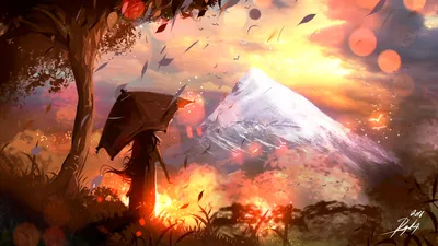 Fantasy Themed Woman Umbrella Standing Nature Wallpaper 4K 1920x1080 A, Fantasy-themed, Hd, Desktop, Wallpaper, Of, Woman, Umbrella, Standing, Before, Fiery, Colorful, White, Ultrawide, Full HD