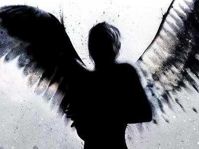 Dark Silhouette Angel Expansive Wings Black/Dark Wallpaper 4K 1920x1440 A, Dark, Silhouette, Of, An, Angel, With, Expansive, Wings, Set, Against, Textured, White, Gray, Landscape, Full HD