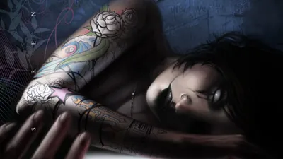 Dark Themed Woman Tattoos Resting Black/Dark Wallpaper 4K 1920x1080 A, Dark-themed, Hd, Desktop, Wallpaper, Featuring, Woman, Intricate, Tattoos, Resting, Enigmatic, Expression, Gray, Ultrawide, Full HD