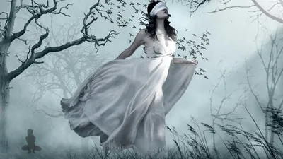 Calm Haunting Wallpaper Animals Wallpaper 4K 1920x1080 A, Haunting, Dark, Gothic, Scene, Featuring, Blindfolded, Woman, Flowing, White, Dress, Surrounded, Gray, Ultrawide, Full HD