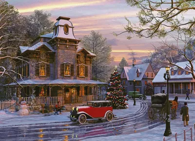 Artistic Painting Snowy Street Nature Wallpaper 4K 2560x1851 Hd, Artistic, Painting, Of, A, Snowy, Street, With, Vintage, Cars, Decorated, Christmas, Gray, Landscape, QHD