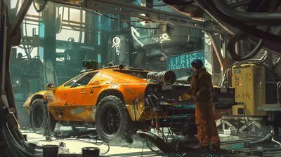 Futuristic Orange Car Being Repaired Cars Wallpaper 4K 2912x1632 Hd, Wallpaper, Of, A, Futuristic, Orange, Car, Being, Repaired, Sci‑fi, Themed, Garage, White, Gray, Ultrawide, QHD
