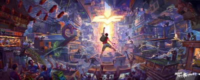 Bold Anime Wallpaper World Wallpaper 4K 2688x1080 Anime-style, Cityscape, Bursting, With, Vibrant, Colors, And, Dynamic, Characters, Action-packed, Scene, Designed, White, Ultrawide, QHD