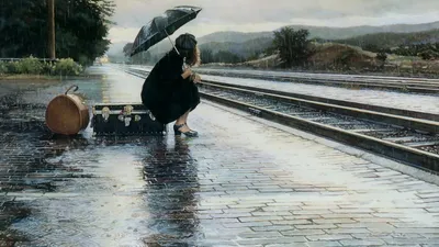 Dark Depicting Wallpaper Nature Wallpaper 4K 1920x1080 Hd, Wallpaper, Depicting, A, Contemplative, Woman, With, An, Umbrella, Sitting, Railroad, Tracks, Gray, Ultrawide, Full HD