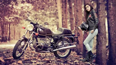 Crisp Woman Wallpaper Nature Wallpaper 4K 1920x1080 A, Woman, In, Leather, Jacket, Stands, By, Vintage, Motorcycle, Autumn, Forest, Creating, Brown, Gray, Ultrawide, Full HD