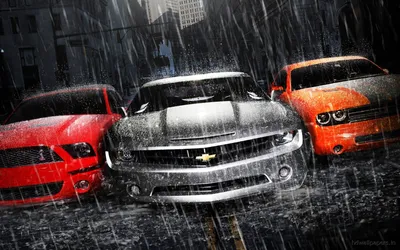 Powerful Trio Muscle Cars Wallpaper 4K 1920x1200 A, Powerful, Trio, Of, Muscle, Cars, Featuring, Sleek, Chevrolet, Camaro, Silver, Flanked, White, Ultrawide, Full HD