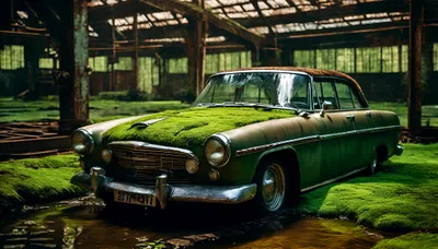 Vintage Old Car Cars Wallpaper 4K 4096x2340 A, Vintage, Old, Car, Covered, In, Moss, Sits, Abandoned, Inside, Dilapidated, Building, Yellow, Gray, Ultrawide, 4k