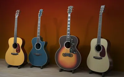 Four Beautifully Crafted Guitars Gradients Wallpaper 4K 1920x1200 Hd, Desktop, Wallpaper, Featuring, Four, Beautifully, Crafted, Guitars, Standing, Against, Warm, Gradient, Brown, Gray, Ultrawide, Full HD