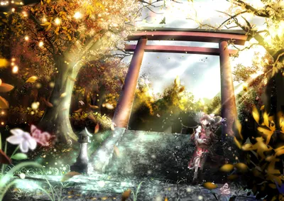 Serene Anime Landscape Reimu Nature Wallpaper 4K 1736x1228 A, Serene, Anime, Landscape, Featuring, Reimu, Hakurei, Amidst, Vibrant, Trees, Torii, Gate, White, Black
