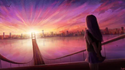 Dreamy Anime Wallpaper World Wallpaper 4K 4961x2780 Anime-style, Hd, Wallpaper, Showing, A, Scenic, Evening, Sunset, Over, Bridge, Young, Character, Gray, Pink, Ultrawide, 4k