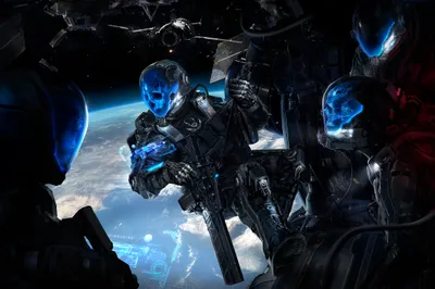 Bright Dark Wallpaper Space Wallpaper 4K 2254x1500 A, Dark, Sci‑fi, Scene, Featuring, Armored, Figures, With, Blue, Glowing, Visors, Set, Gray, Ultrawide, Full HD