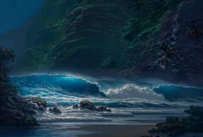 Sleek Serene Wallpaper Nature Wallpaper 4K 1920x1300 A, Serene, Seascape, Featuring, Rolling, Ocean, Waves, Lush, Mountains, Palm, Tree, Creating, Gray, Brown, Landscape, Full HD