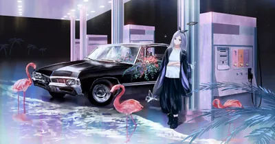 Anime Girl Standing Cars Wallpaper 4K 2155x1134 Hd, Anime-style, Desktop, Wallpaper, Featuring, A, Girl, Standing, Vintage, Car, Gas, Station, White, Gray, Blue, Ultrawide, Full HD