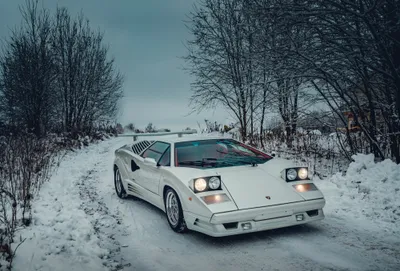 Serene White Wallpaper Cars Wallpaper 4K 4000x2719 White, Lamborghini, Countach, Supercar, Parked, On, A, Snowy, Road, Surrounded, Leafless, Trees, Gray, Landscape, 4k