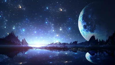 Vivid Anime Wallpaper Space Wallpaper 4K 1920x1080 Hd, Anime, Night, Scene, With, Stars, And, A, Large, Crescent, Moon, Reflecting, White, Ultrawide, Full HD