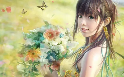 Serene Fantasy Wallpaper Fantasy Wallpaper 4K 2560x1600 A, Fantasy-themed, Hd, Desktop, Wallpaper, Of, Smiling, Woman, Earrings, Holding, Vibrant, Flower, White, Ultrawide, QHD