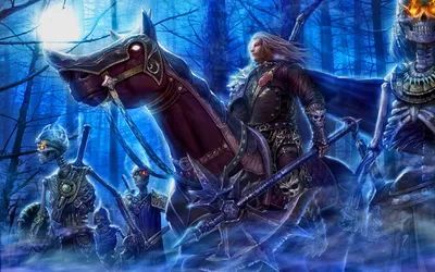 Dark Fantasy Mysterious Figure Animals Wallpaper 4K 1920x1200 A, Dark, Fantasy, Scene, Featuring, Mysterious, Figure, Horse, Accompanied, Skeletal, Warriors, Set, Brown, Gray, Red, Ultrawide, Full HD