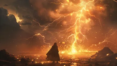 Crisp Fantasy Wallpaper Nature Wallpaper 4K 2912x1632 Fantasy, Landscape, Hd, Wallpaper, Featuring, A, Cloaked, Figure, Witnessing, Dramatic, Lightning, Storm, Orange, Brown, Ultrawide, QHD