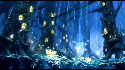 Vibrant Fantasy Cityscape World Wallpaper 4K 1920x1080 A, Vibrant, Fantasy, Cityscape, Features, Illuminated, Tree, Houses, Within, Mystical, Water-filled, Environment, Red, Ultrawide, Full HD