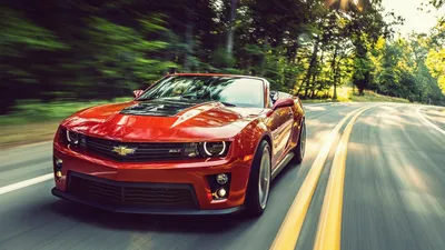 Vibrant Red Chevrolet Camaro Zl1 Abstract Wallpaper 4K 1920x1080 A, Vibrant, Red, Chevrolet, Camaro, Zl1, Drives, Along, Sunlit, Road, Surrounded, Lush, White, Gray, Ultrawide, Full HD