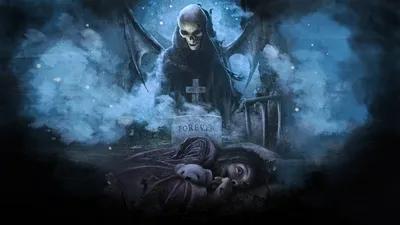 Dark Atmospheric Skeletal Figure Black/Dark Wallpaper 4K 1920x1080 A, Dark, Atmospheric, Hd, Wallpaper, Featuring, Skeletal, Figure, Wings, Looming, Over, Grave, Gray, Ultrawide, Full HD