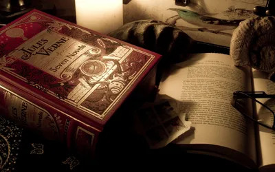 Cozy Classic Jules Verne Abstract Wallpaper 4K 1920x1200 A, Cozy, Scene, Featuring, Classic, Jules, Verne:, Book, Alongside, Open, Novel, Glasses, Gray, Ultrawide, Full HD