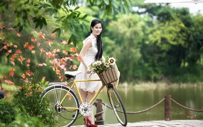 Moody Woman Wallpaper Nature Wallpaper 4K 1920x1200 A, Woman, Stands, Beside, Yellow, Bicycle, Adorned, Flowers, Set, Against, Serene, Lakeside, White, Ultrawide, Full HD