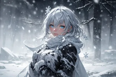 Moody Anime Wallpaper Nature Wallpaper 4K 2304x1536 Anime, Girl, With, White, Hair, And, Blue, Eyes, Stands, Snowy, Winter, Forest, Gray, Landscape, Full HD