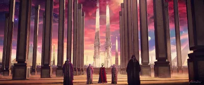 Crisp Fantasy Wallpaper World Wallpaper 4K 2400x1005 Fantasy, Cityscape, With, Towering, Spires, And, Robed, Figures, Framed, Colossal, Pillars, Set, Brown, White, Ultrawide, Full HD