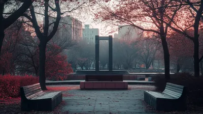 Capturing Serene City Park World Wallpaper 4K 2912x1632 Hd, Desktop, Wallpaper, Capturing, A, Serene, City, Park, Autumn, Empty, Benches, Red, White, Gray, Ultrawide, QHD