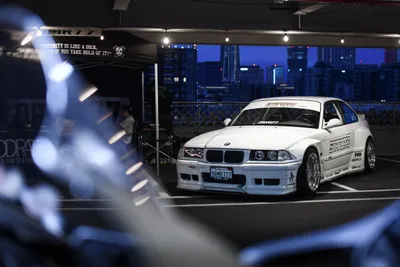 White E36 Race Styled Cars Wallpaper 4K 5953x3969 White, Bmw, E36, Race-styled, Car, Parked, In, A, Dim, Garage, City, Skyline, Gray, Landscape, 4k